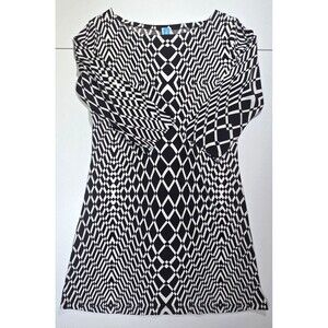 Touch Express Womens Geometric Print Black and White Midi Dress Size M 3/4 Sleev